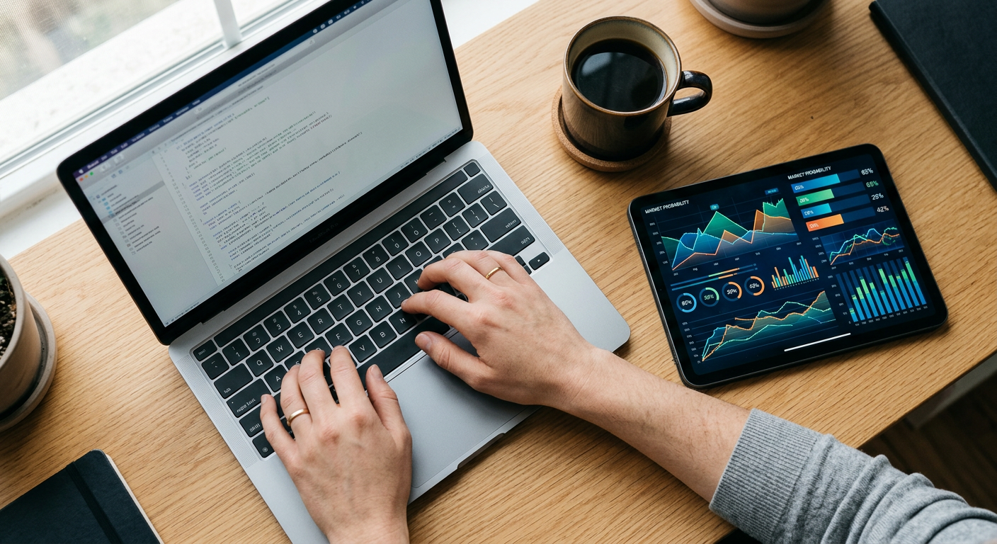 Person analyzing stock and probability charts on a laptop and tablet