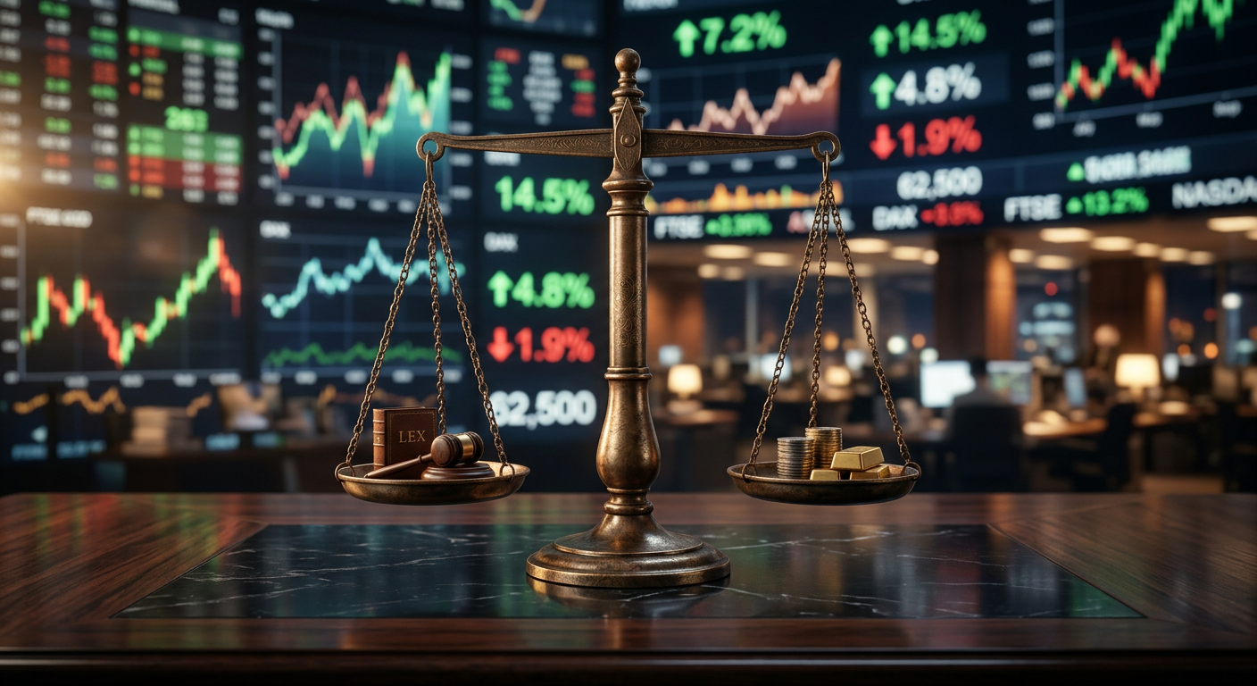 Scales of justice balanced with financial chart elements in the background