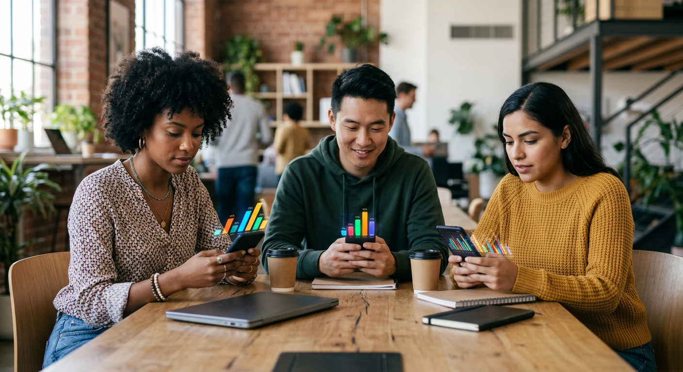 Diverse group of people using smartphones to trade on event contract platforms