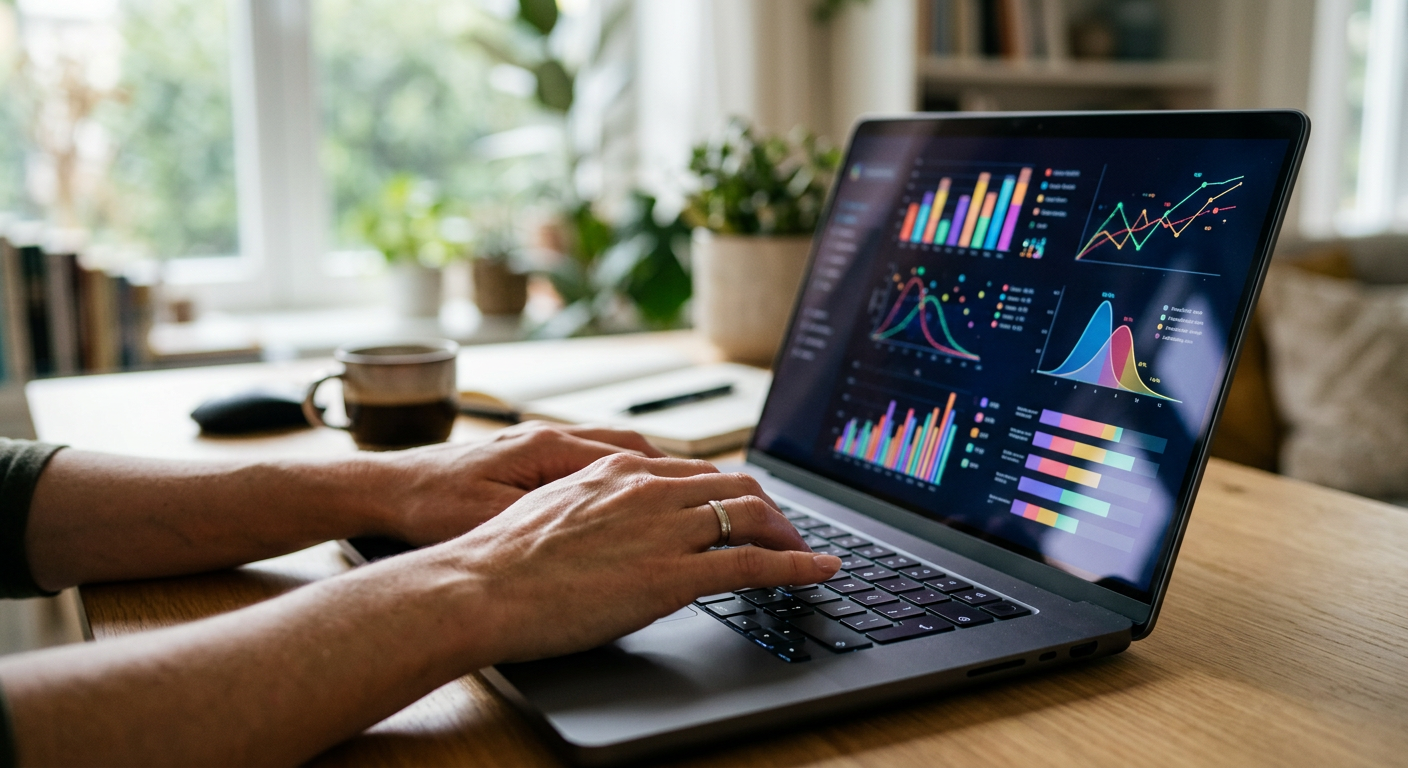 Person viewing financial trading charts on a laptop representing online prediction market trading