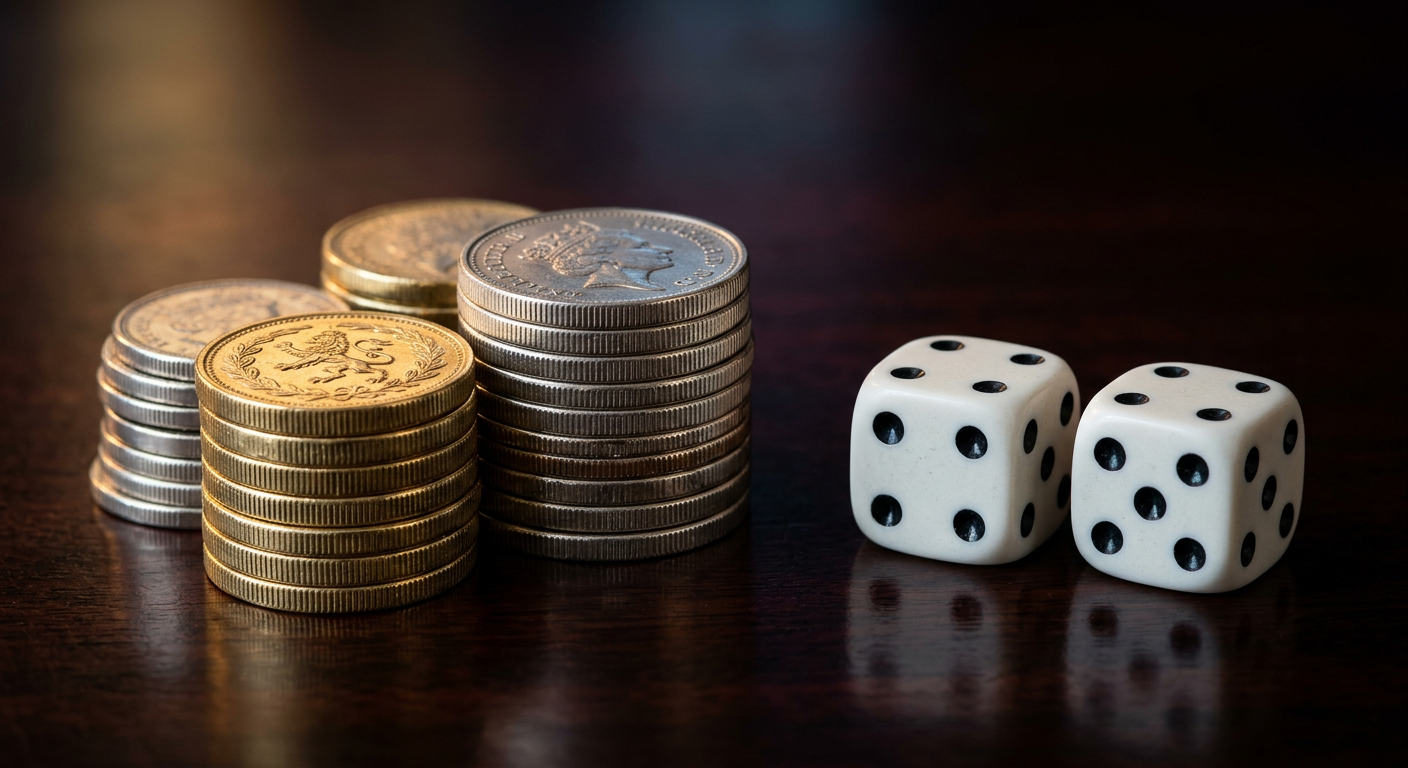 Stack of coins and dice symbolizing regulated betting and financial markets