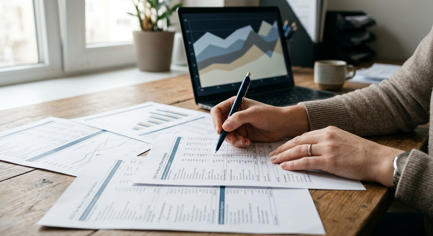 Close-up of hands analyzing financial charts and tax paperwork at a desk