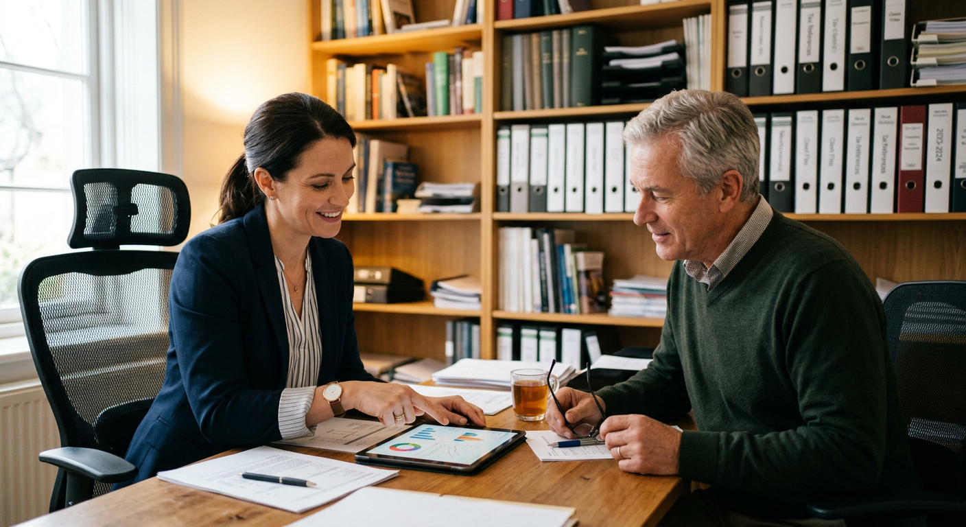 Tax professional explaining investment classifications to a client in an office setting