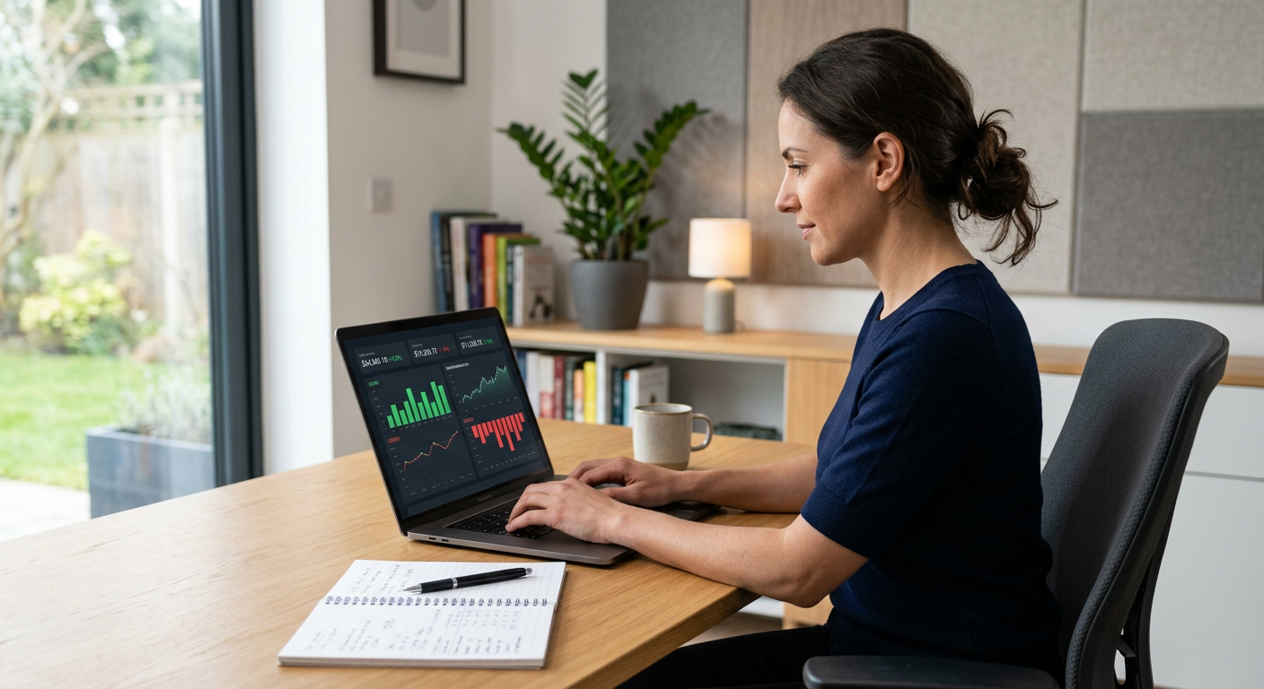 Person using a laptop to compare investment gains and losses with charts on screen