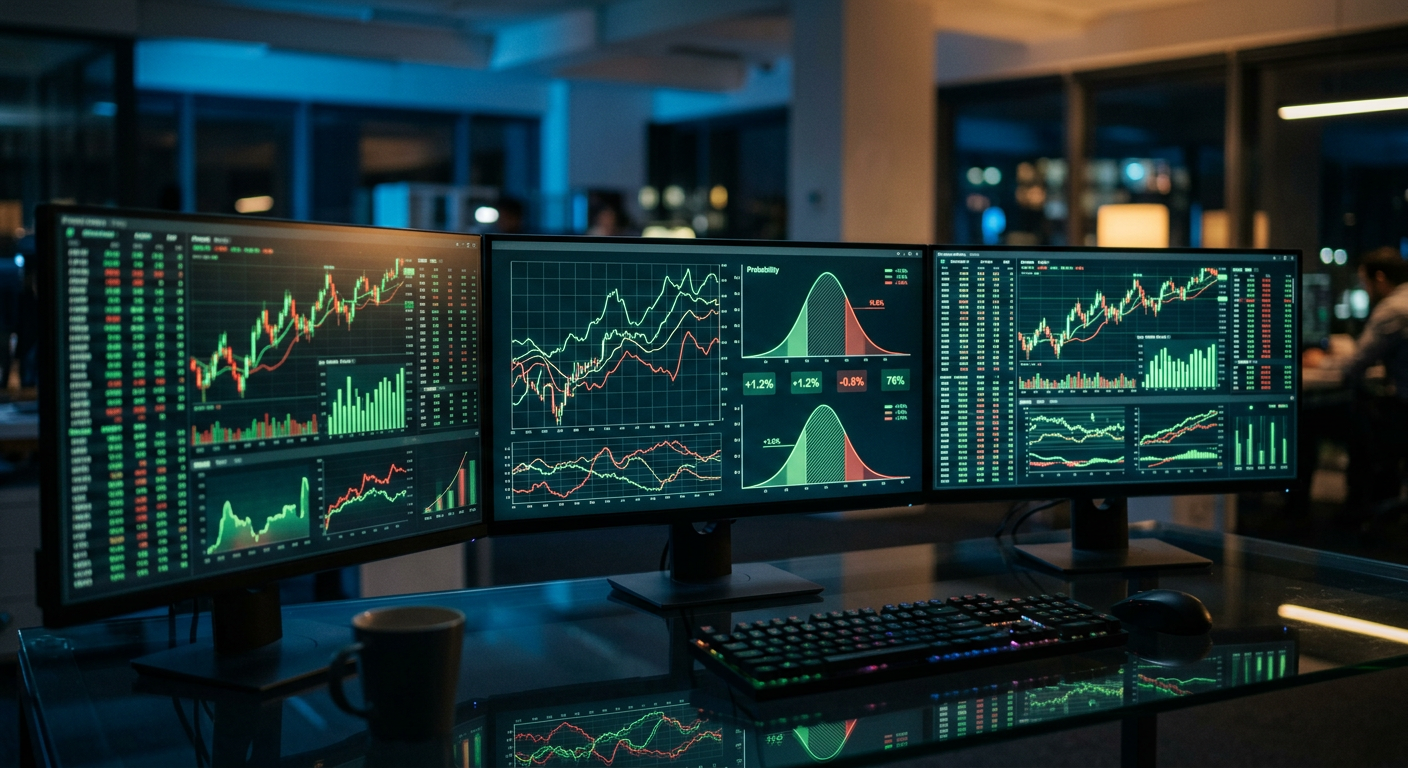 Close-up of trading charts and probability graphs on multiple screens