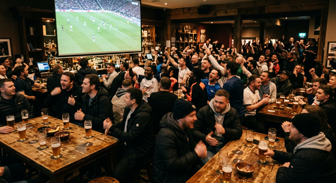Fans watching a live sports game on a large screen in a sports bar setting