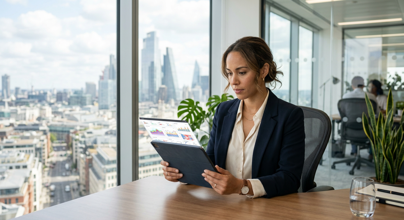 Businessperson reviewing financial and economic data on a tablet