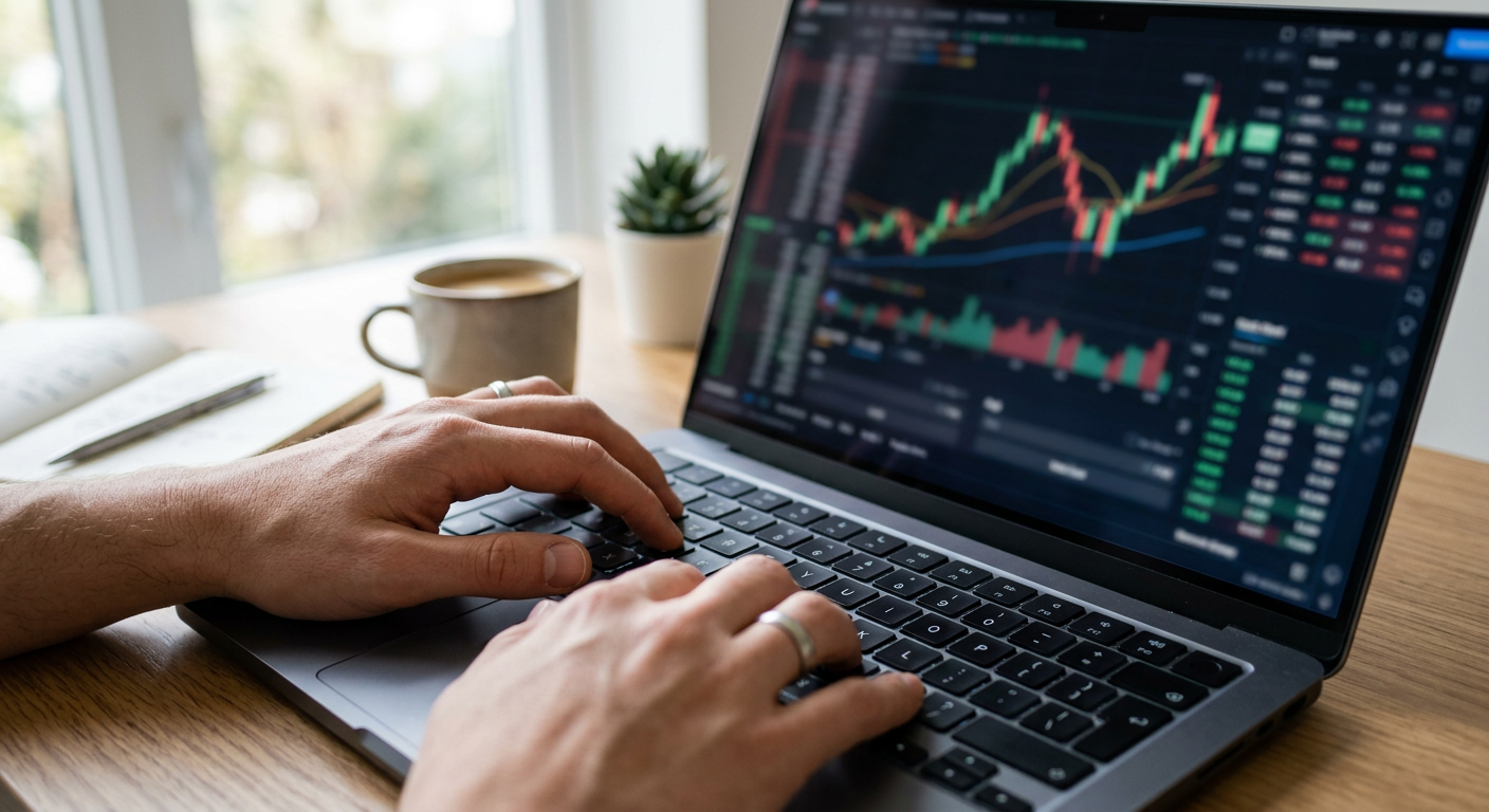 Close-up of hands typing on a laptop with stock market charts on screen