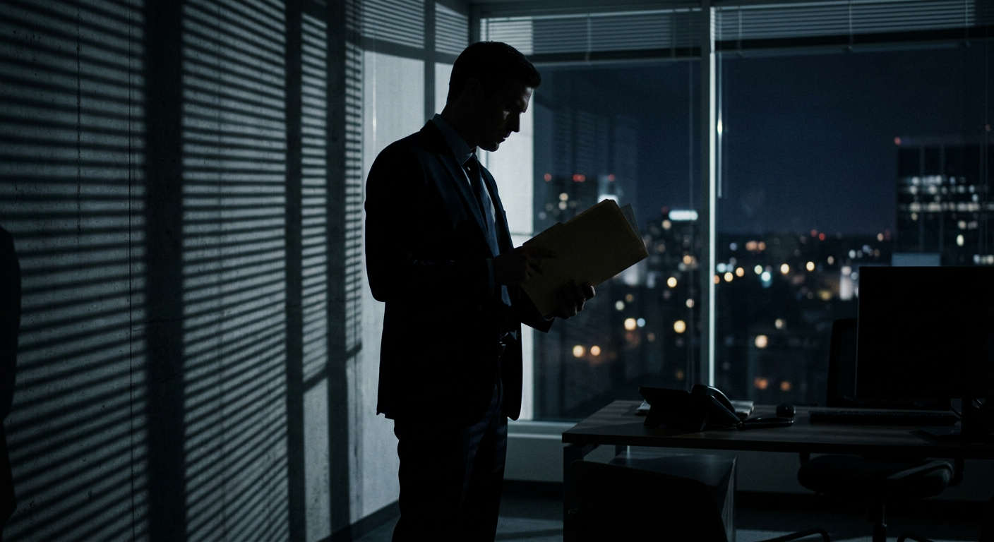 Silhouette of a businessperson reviewing confidential documents in low light