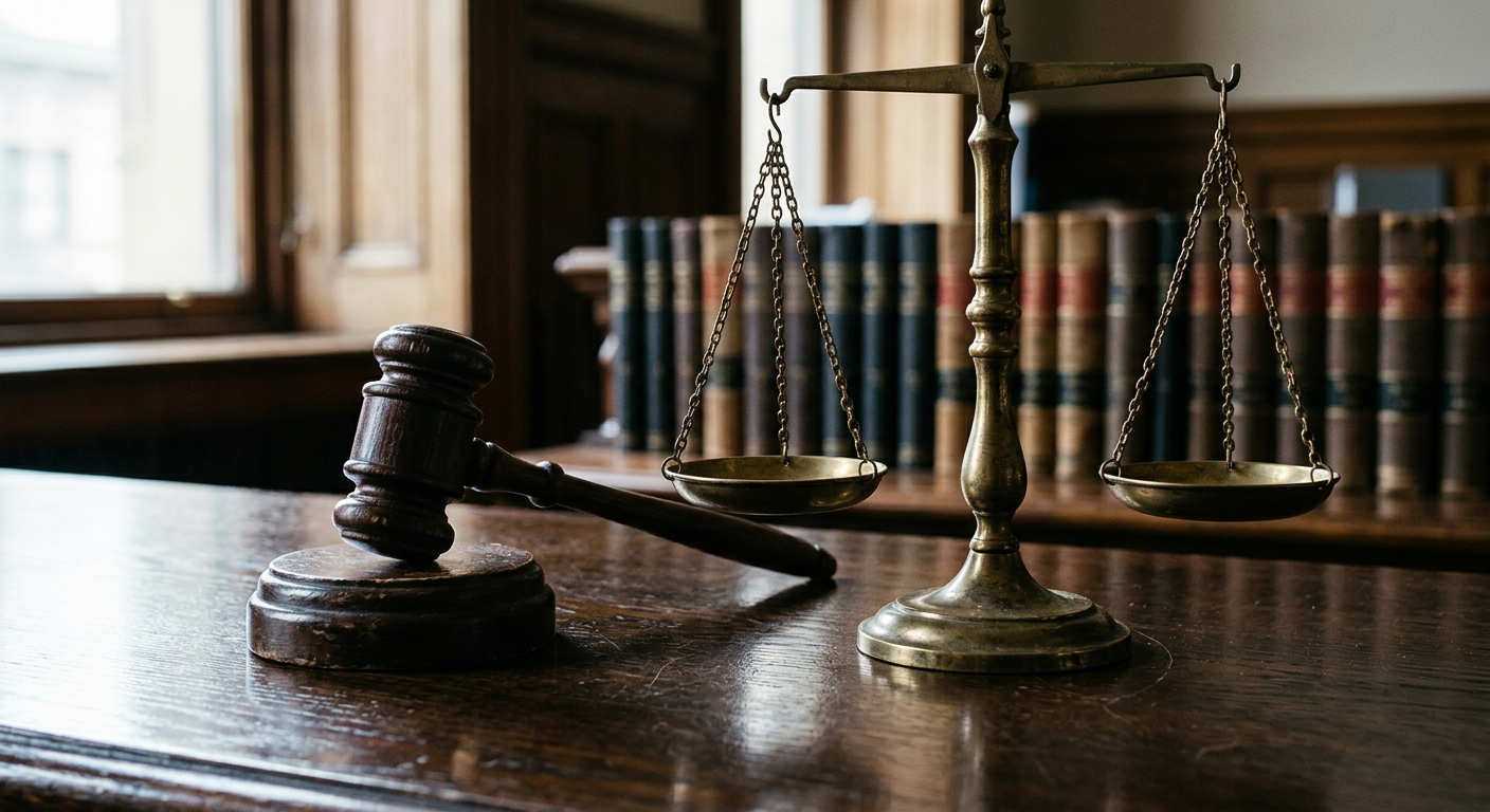 Gavel and scales of justice on a wooden desk symbolizing financial regulation
