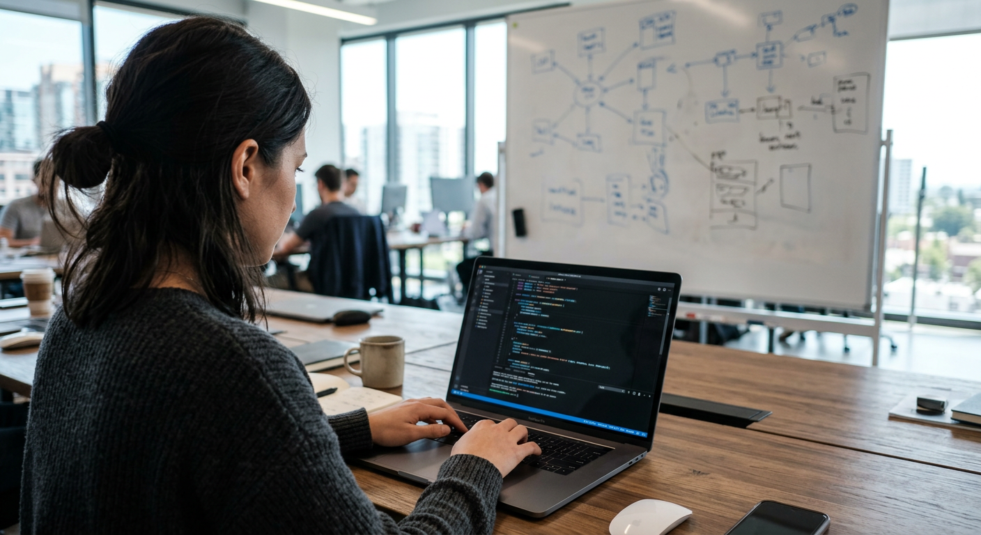 Developer writing code to integrate with a trading API on a laptop