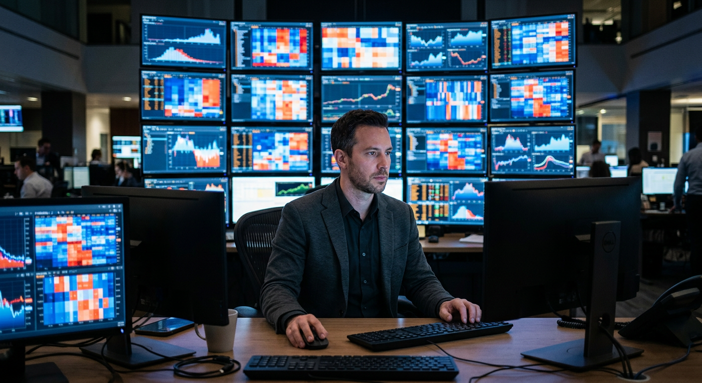 Trader analyzing live probability data on multiple screens in a control room setting