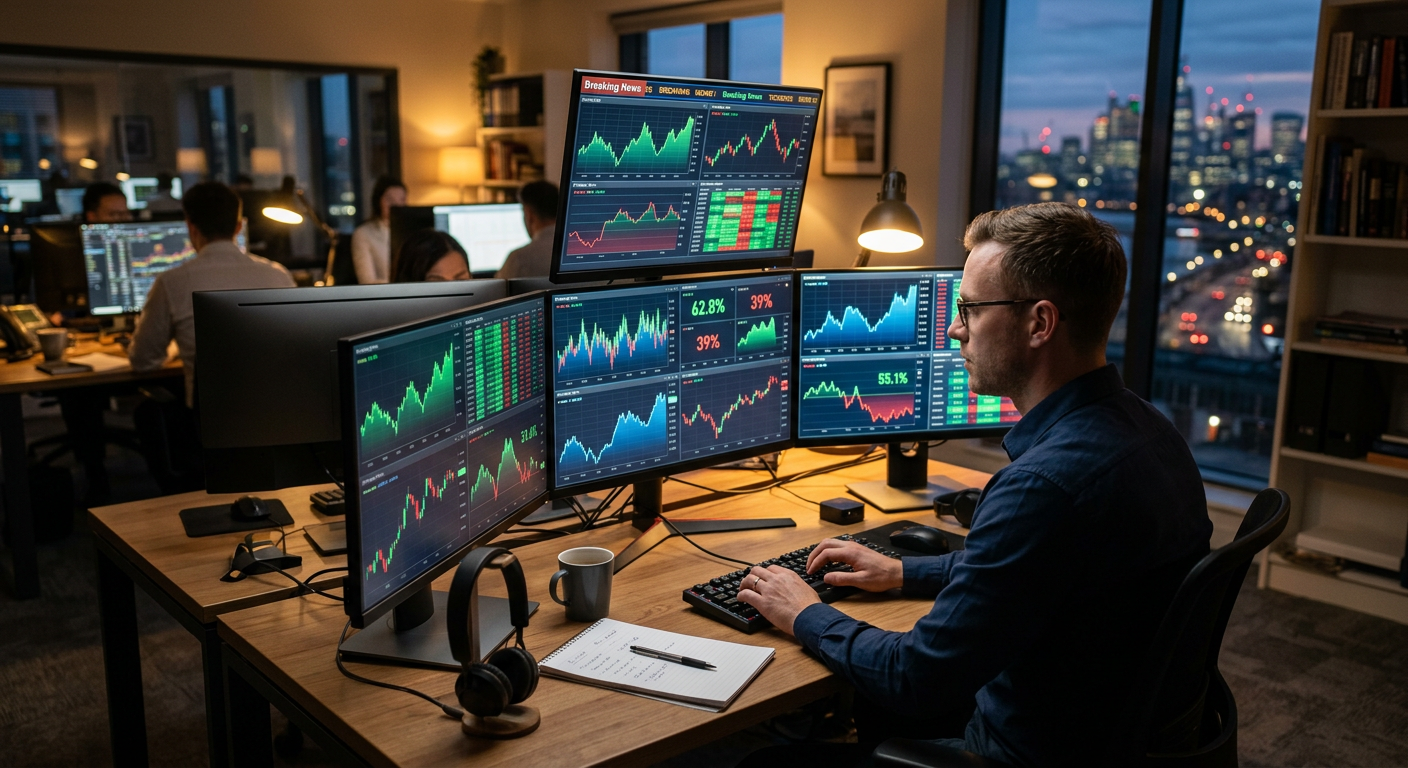 Business news event triggering market price movement on multiple screens