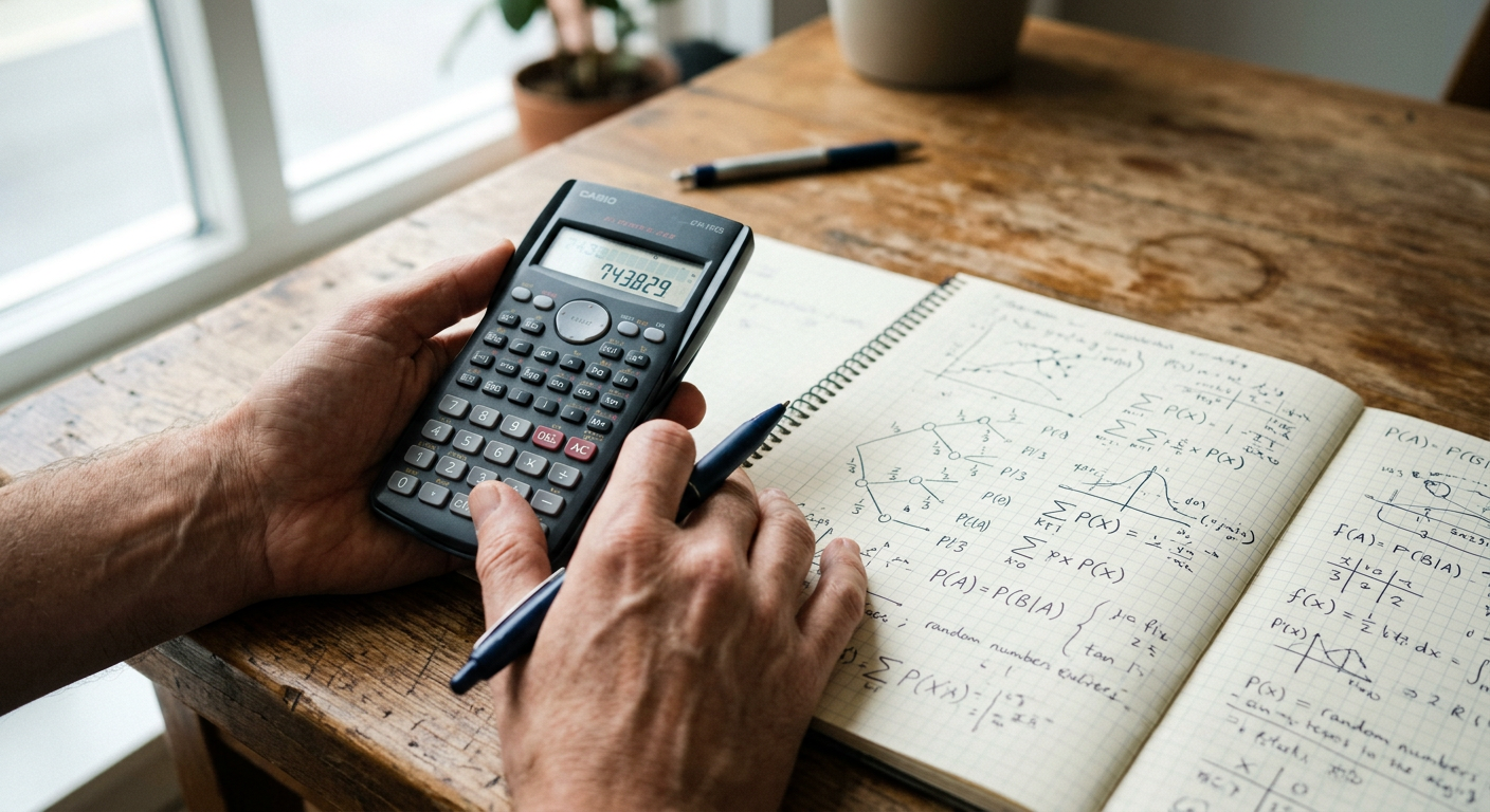 Close-up of hands calculating potential trading outcomes with a calculator and notebook