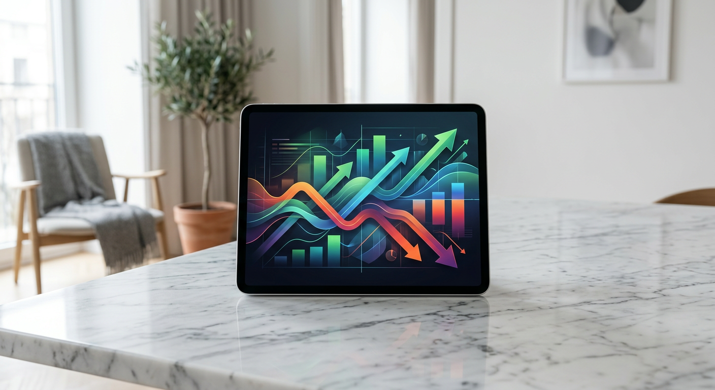Digital tablet showing abstract market sentiment visualization with rising and falling indicators
