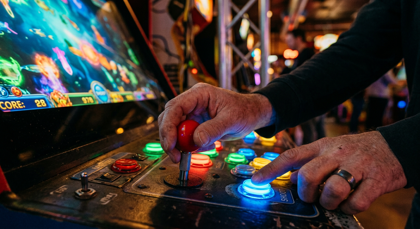 Close-up of hands holding a game controller at an arcade fish game console