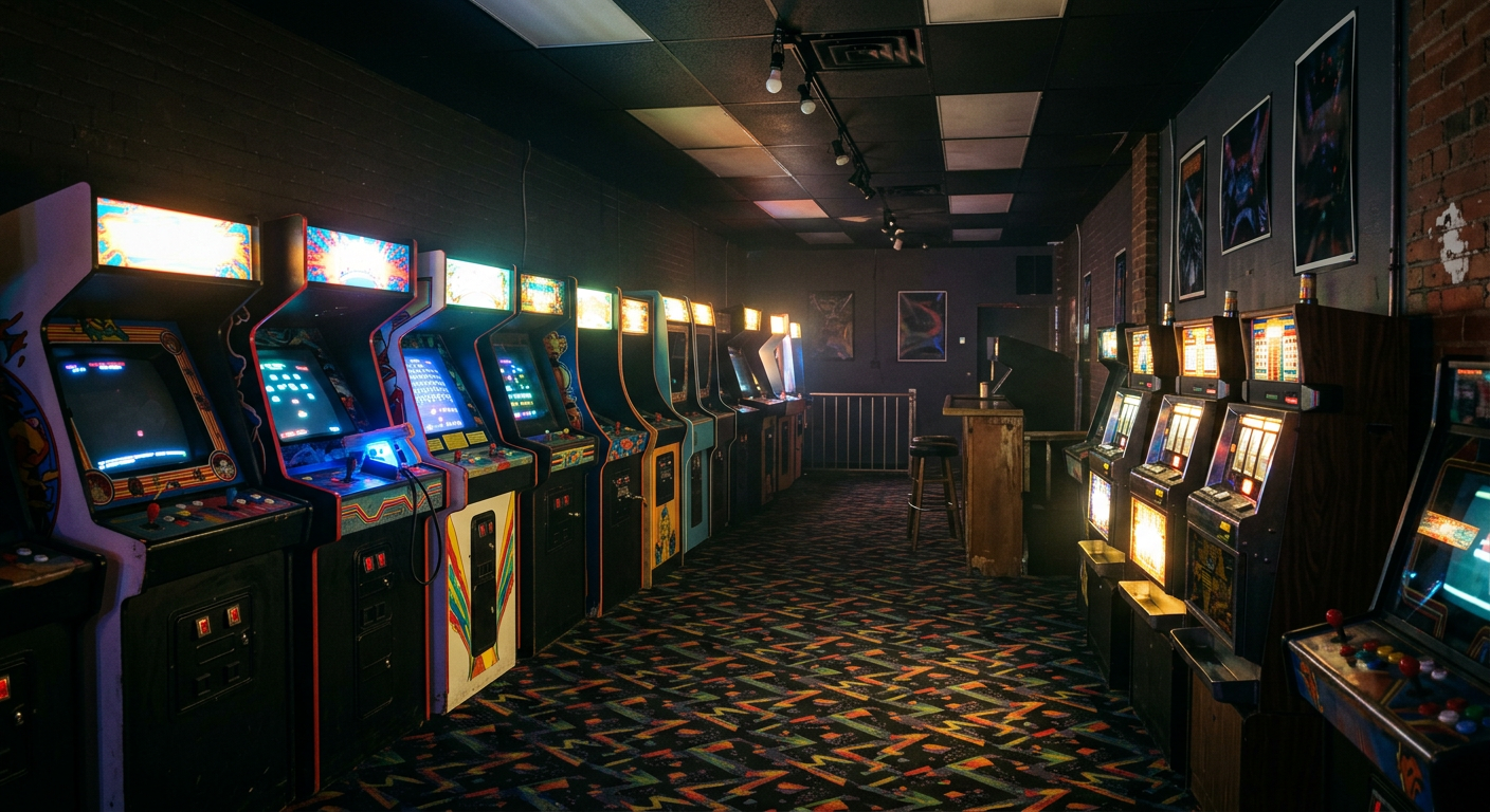 Interior of a small convenience store game room with arcade cabinets lined up