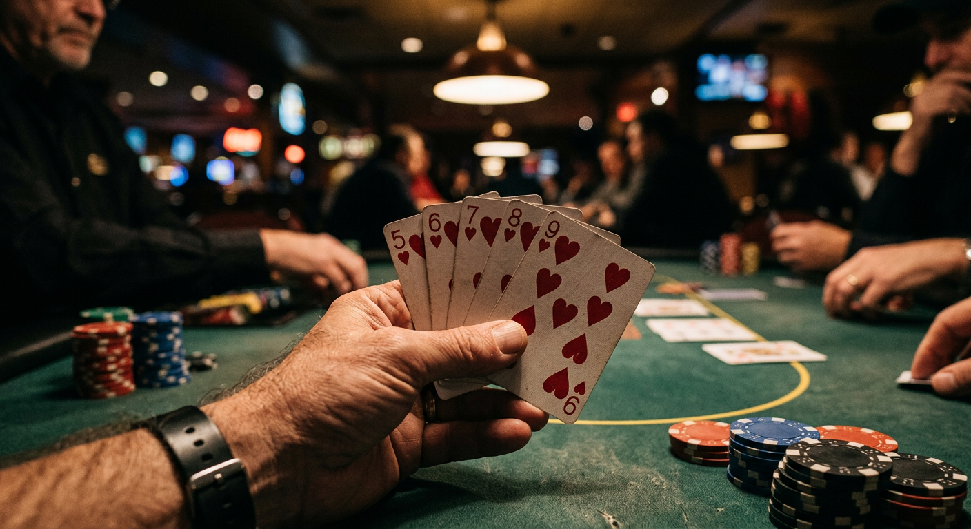 Close-up of a straight flush hand held by a poker player