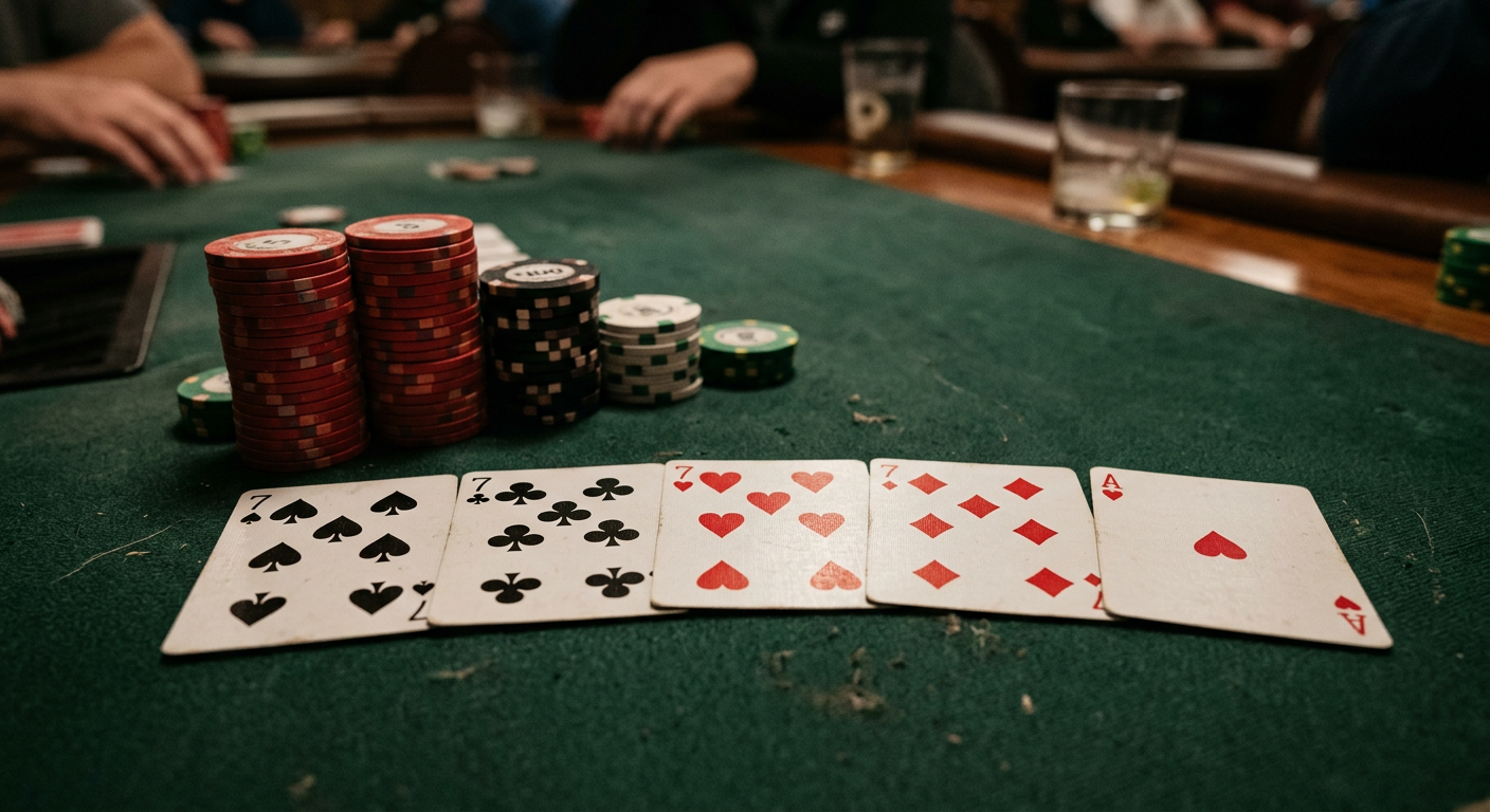 Four of a kind poker hand with chips on a casino table
