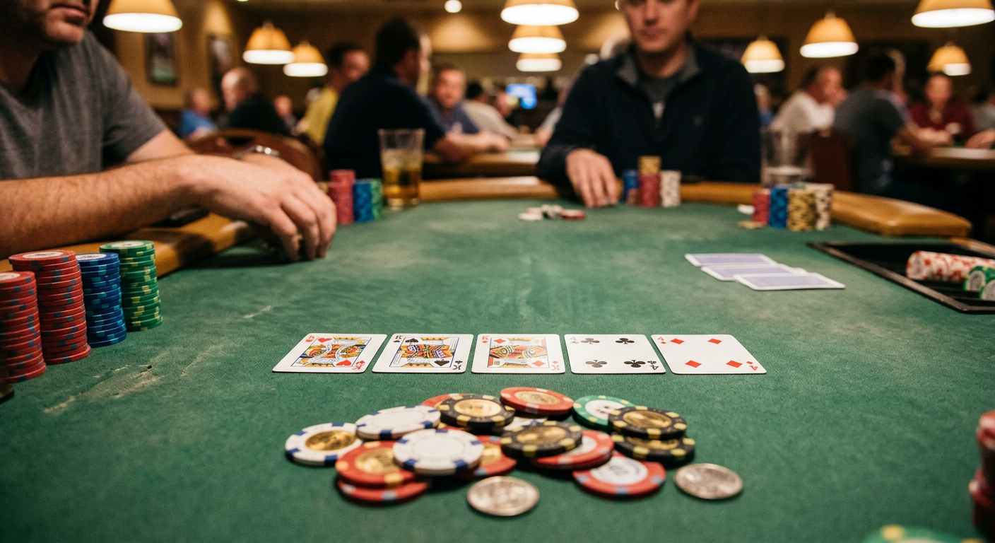 Full house poker hand displayed during a showdown