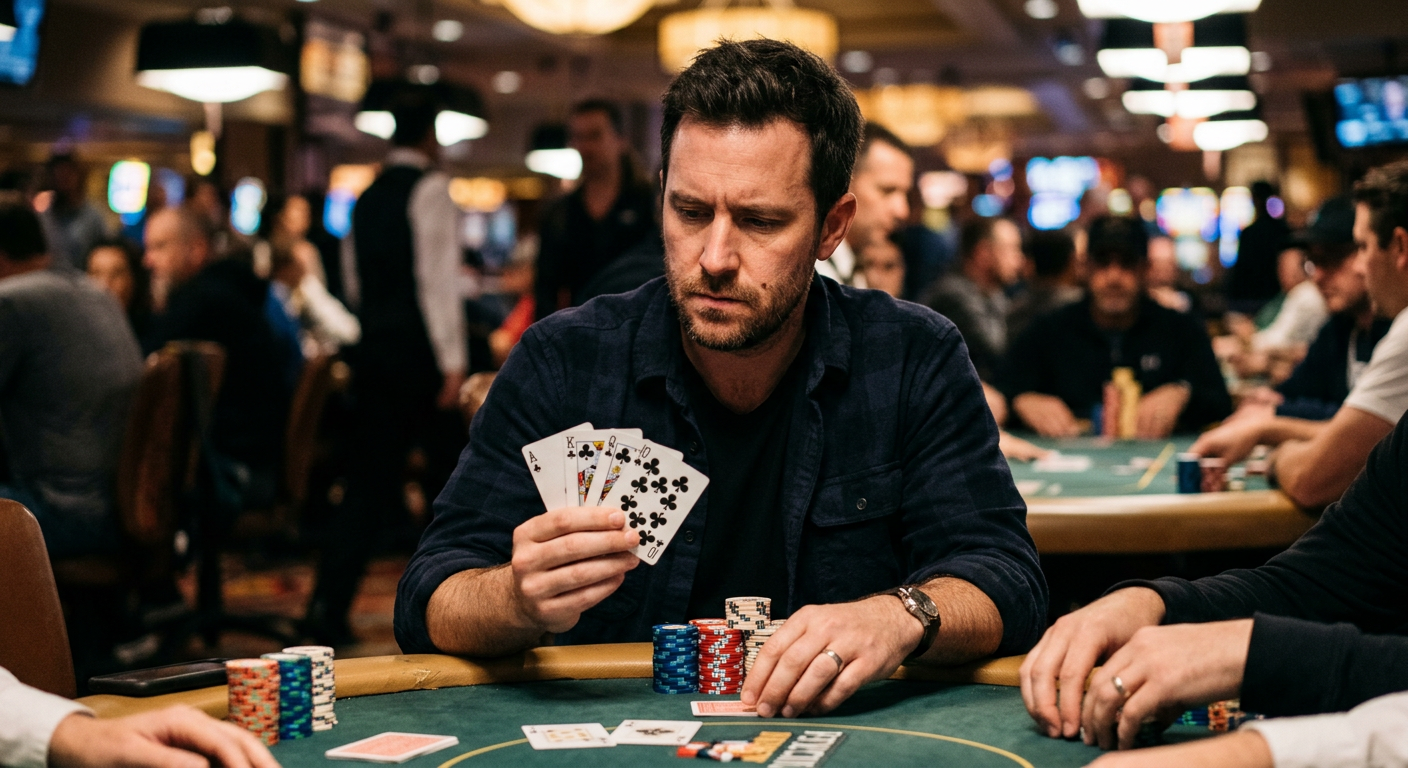 Player evaluating a flush hand at a poker table