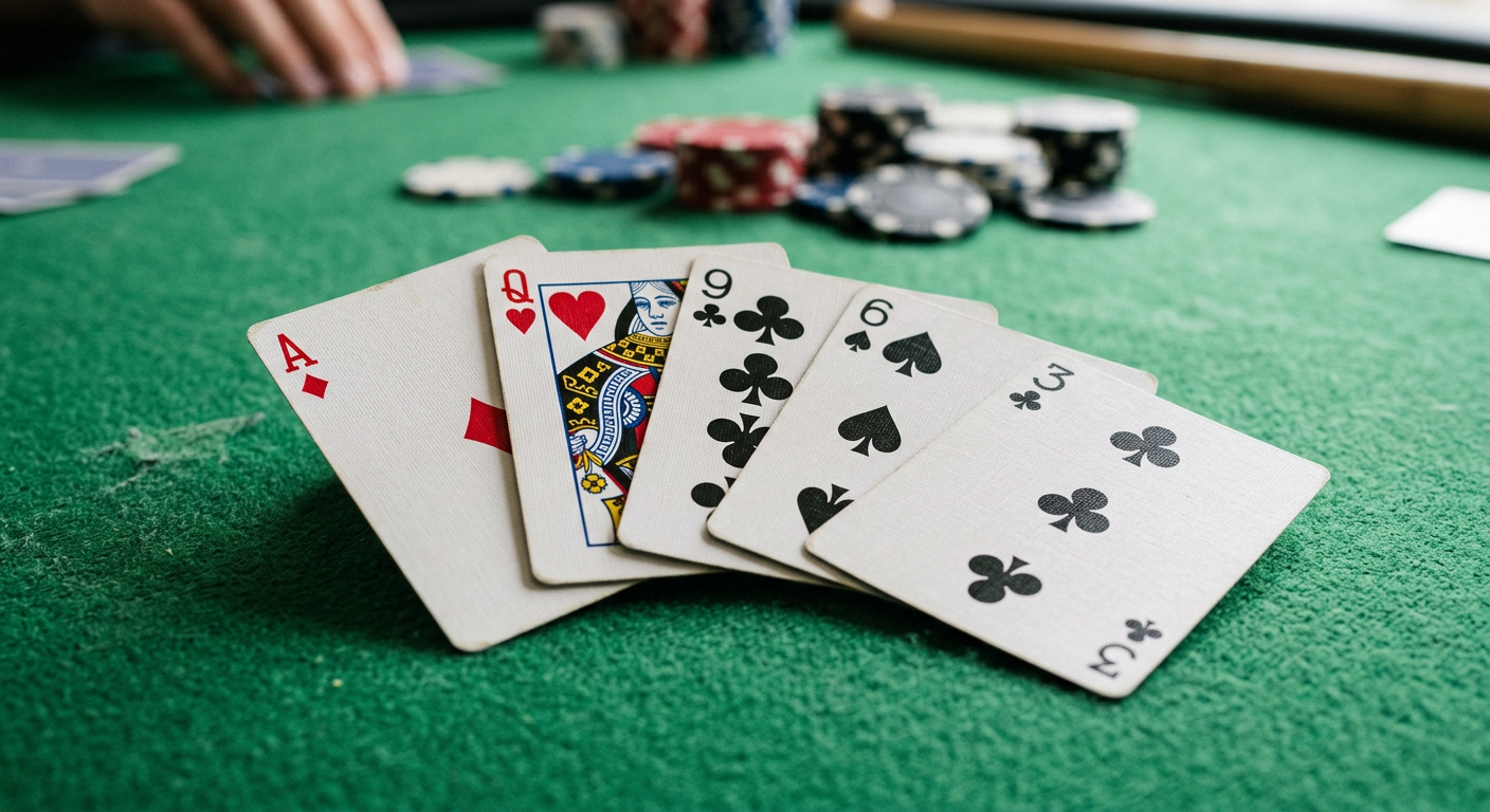 High card poker hand with mixed suits on green felt