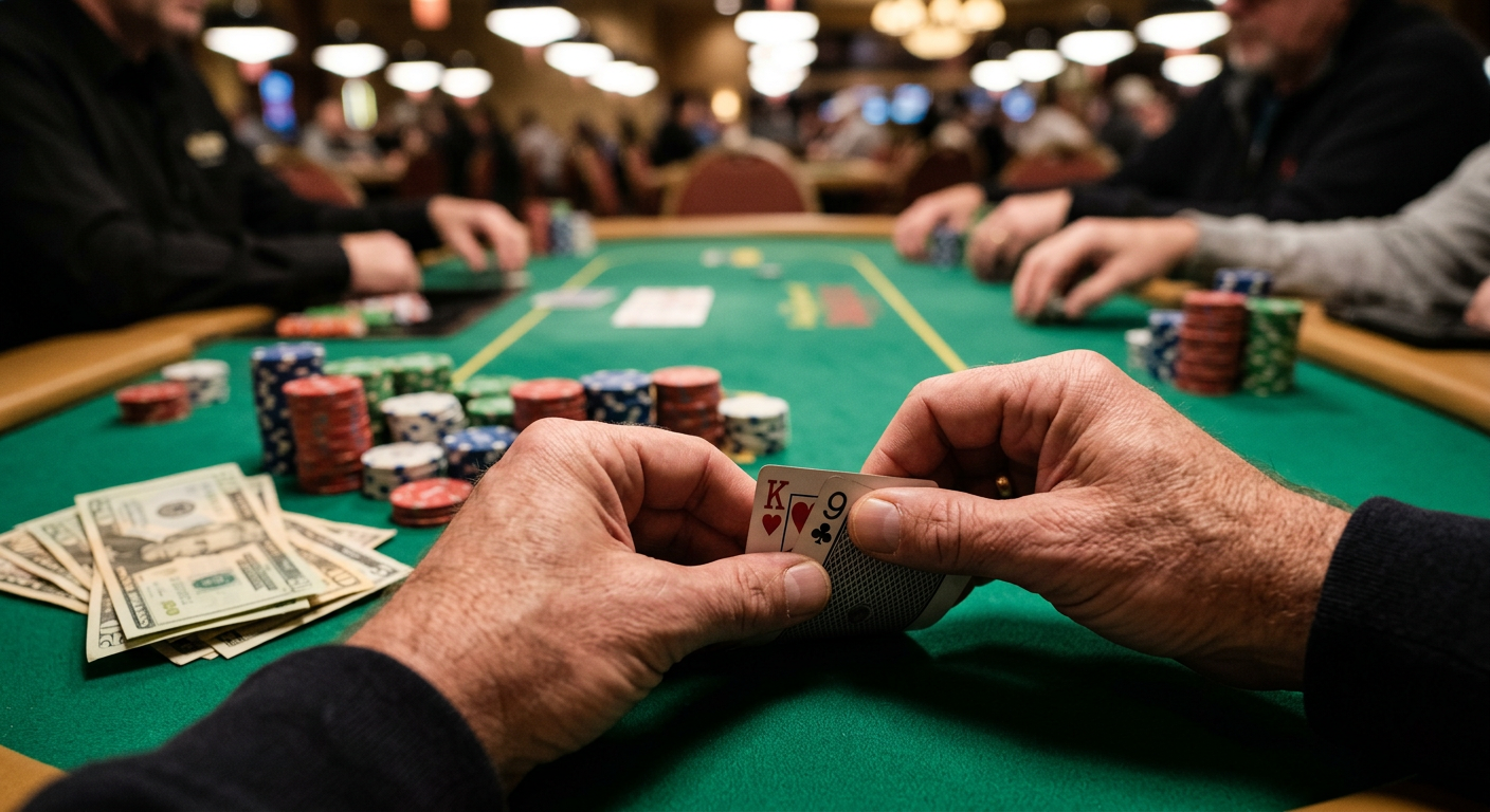 Player's hands holding two hole cards at a poker table with chips