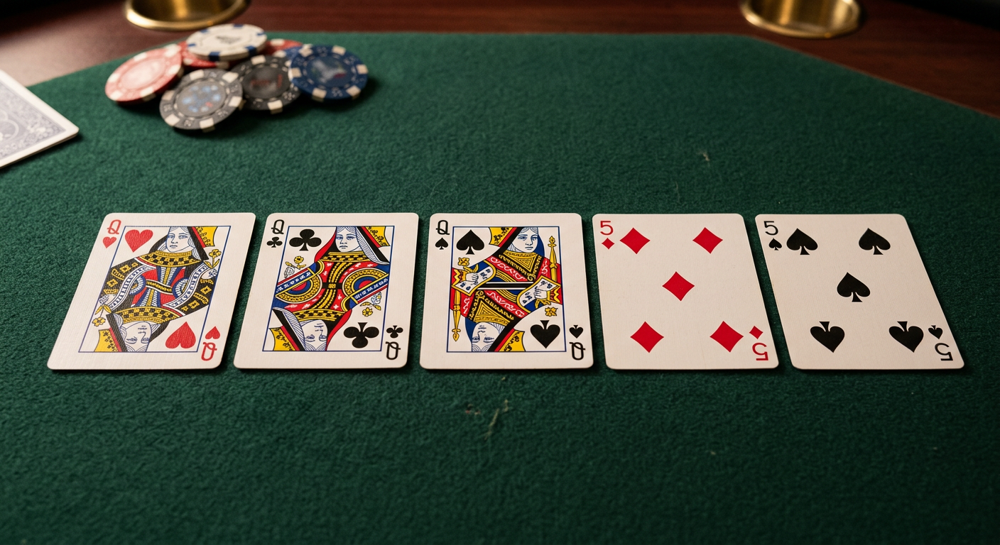 Full house poker hand displayed with matching queens and fives