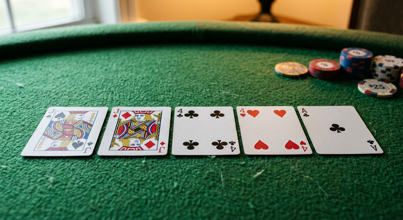 Two pair poker hand with jacks and fours on felt table