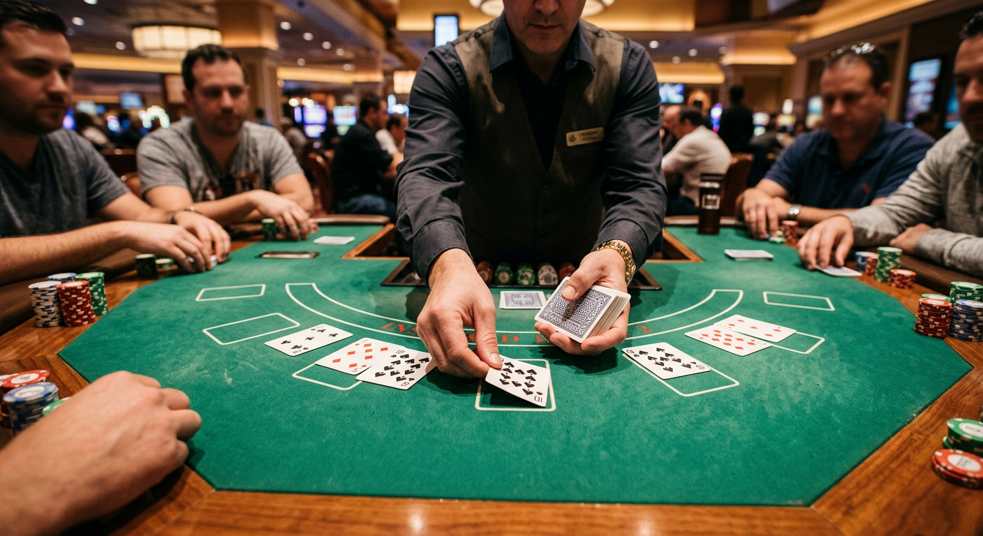 Dealer distributing poker cards during a hand at a casino table