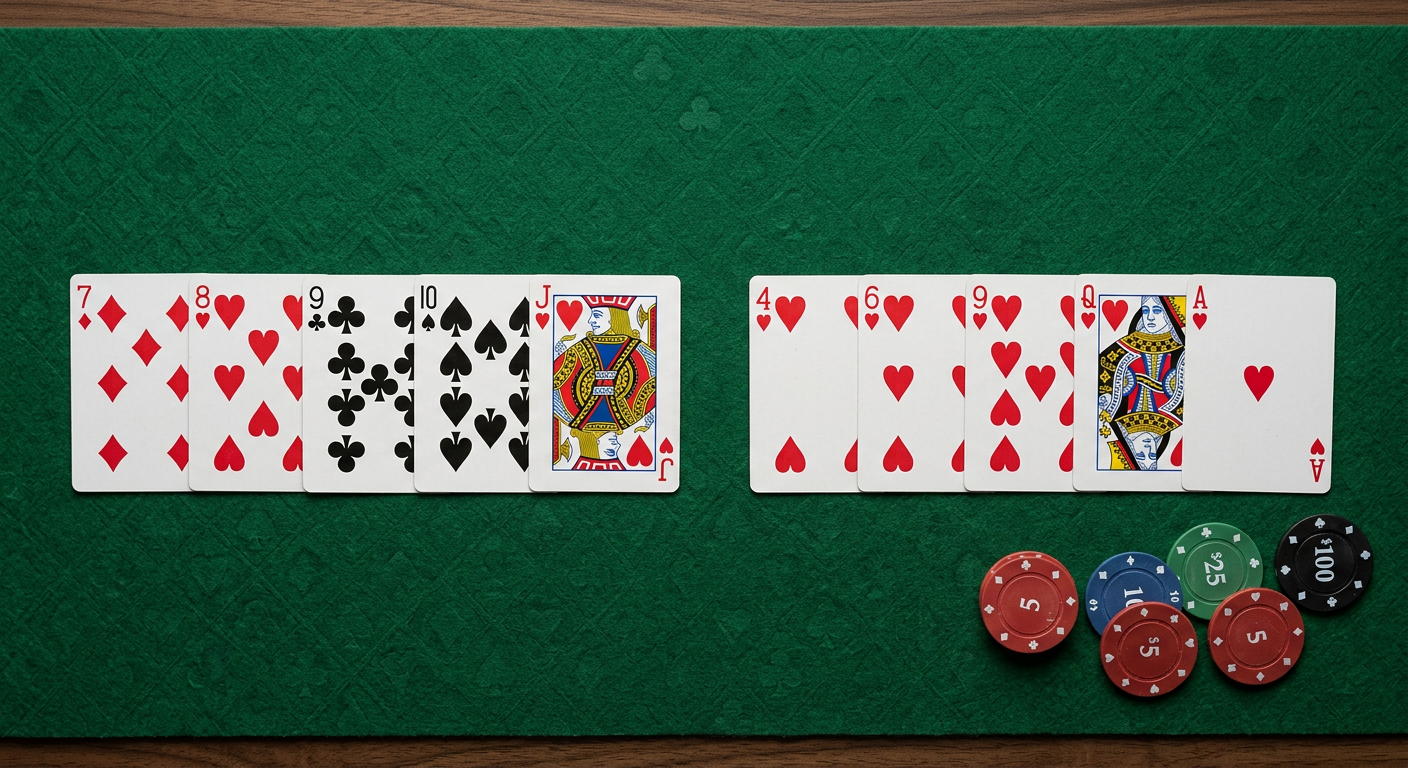 Comparison of straight and flush poker hands side by side