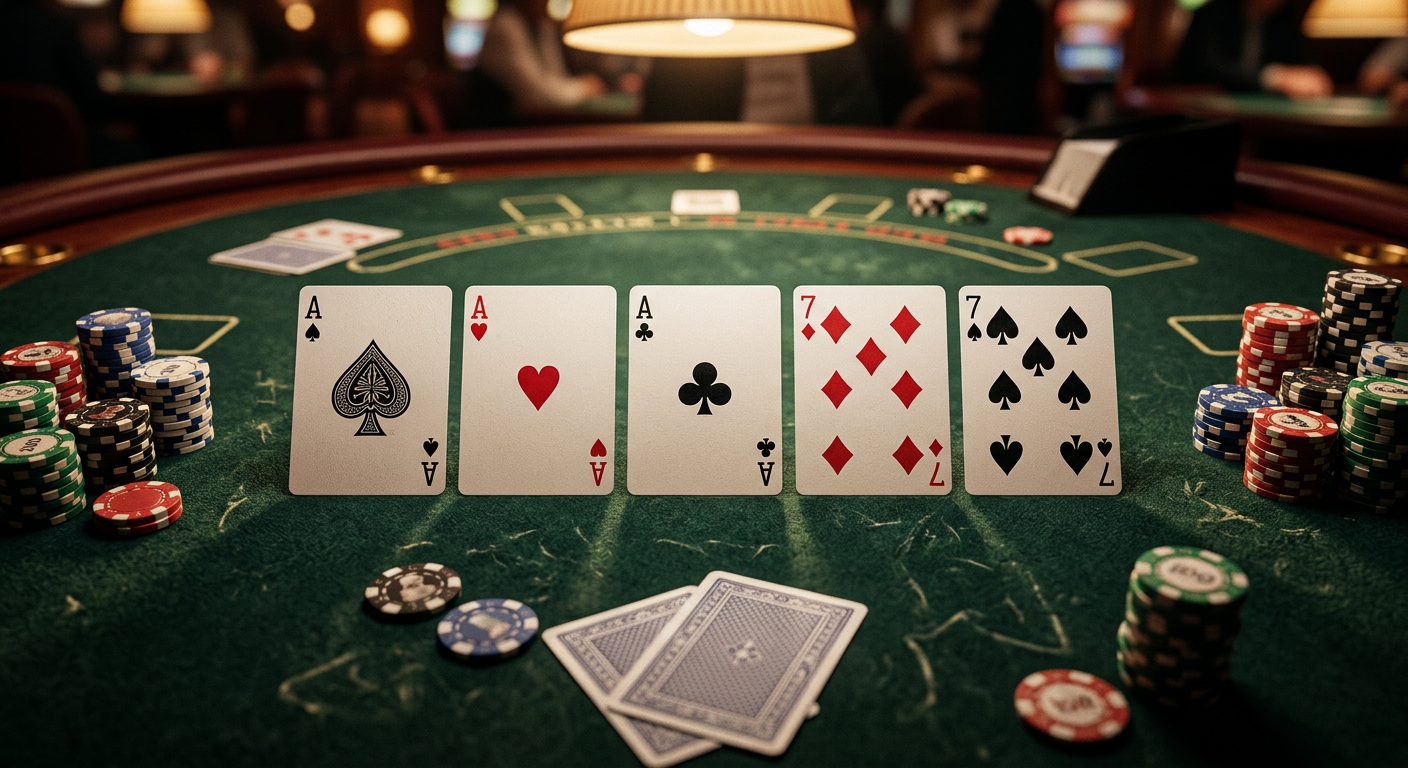 Full house poker hand with three aces and two sevens on felt table