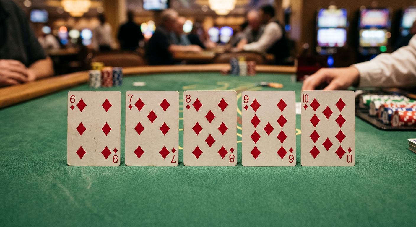 Straight flush hand in diamonds displayed on casino table