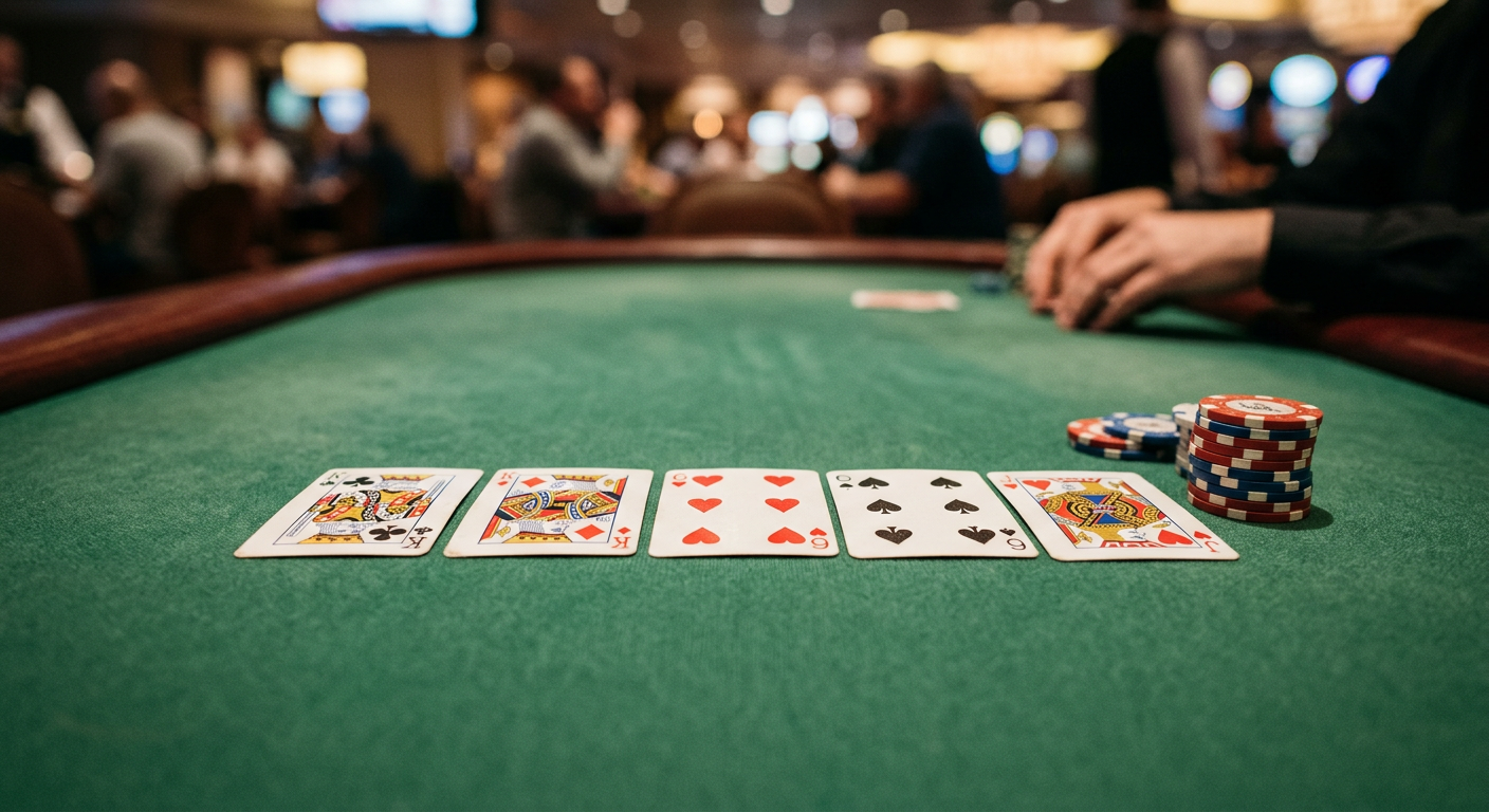 Two pair poker hand with kings and sixes on felt table