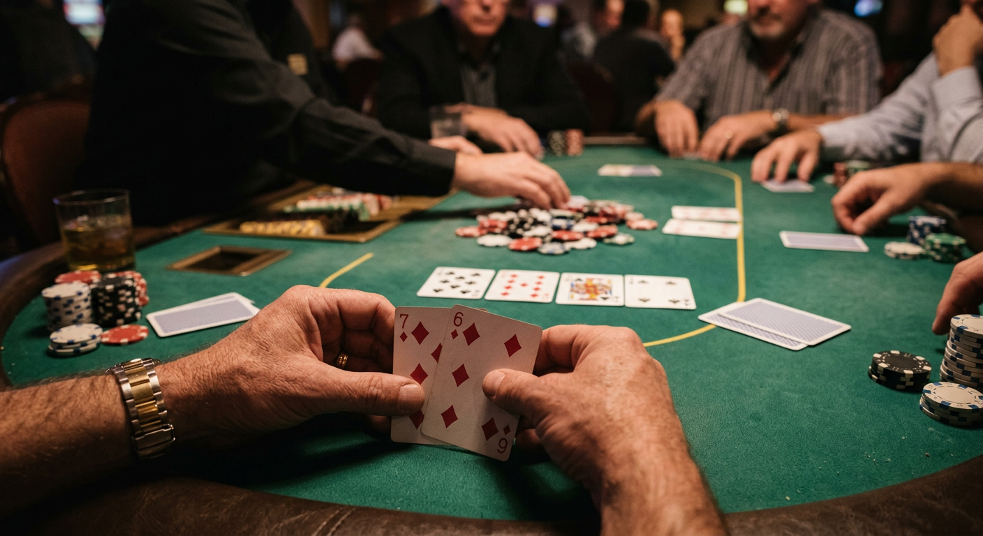 Poker player holding cards at a table during a hand showdown