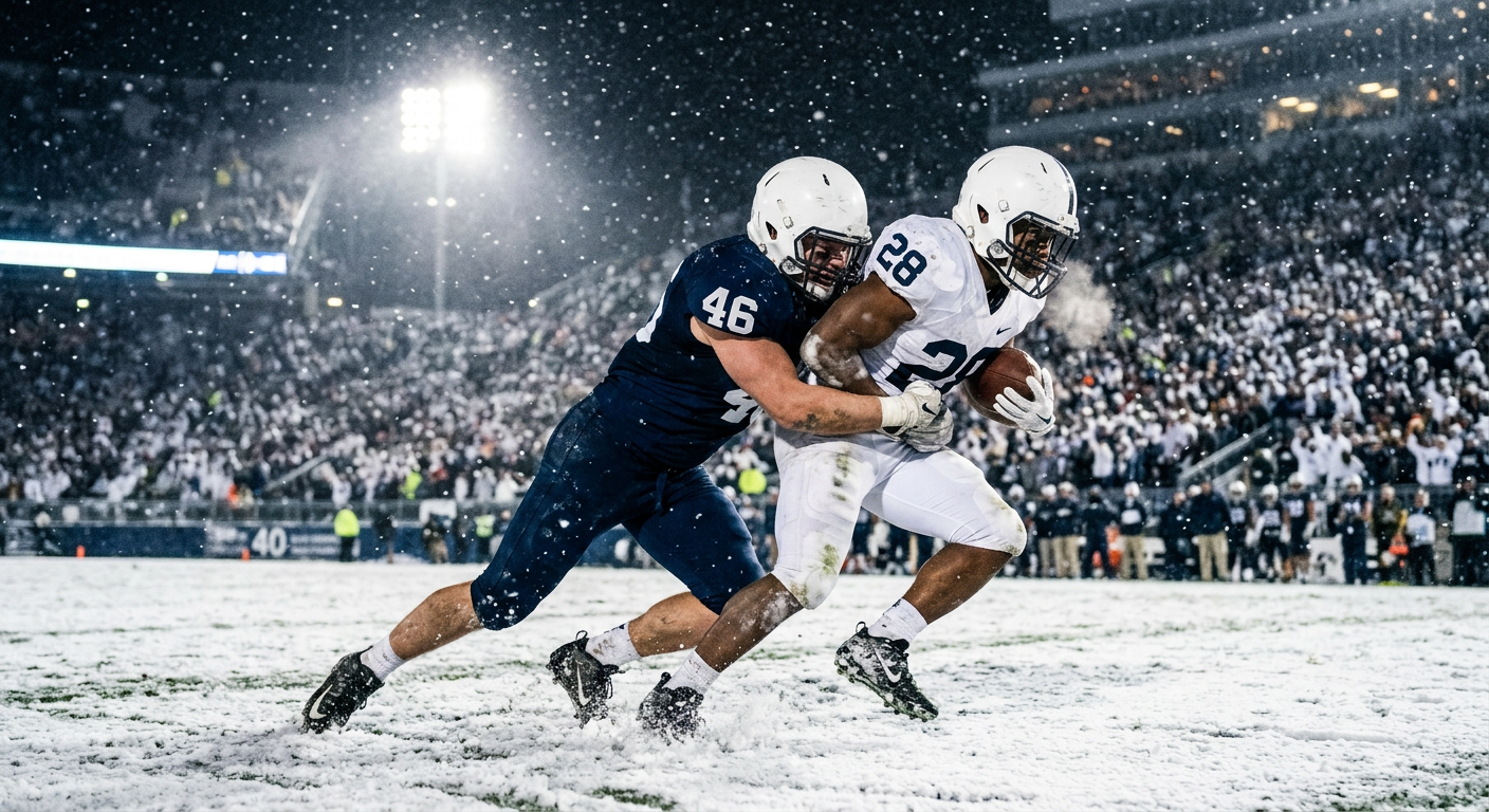 Football players in generic uniforms competing during a tense playoff game on a snowy field