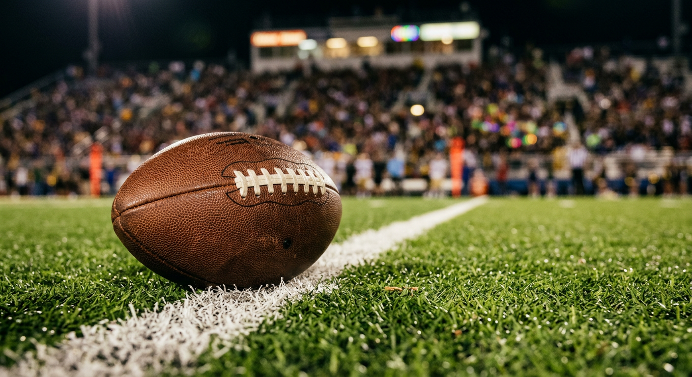 Close-up of a football on the field yard line under stadium lights