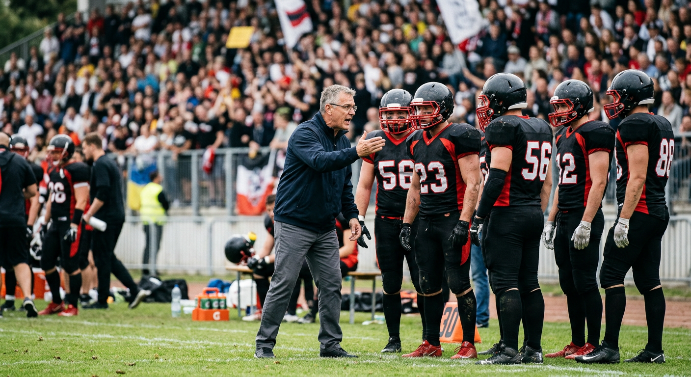 Coach and players strategizing on the sideline during a playoff football game