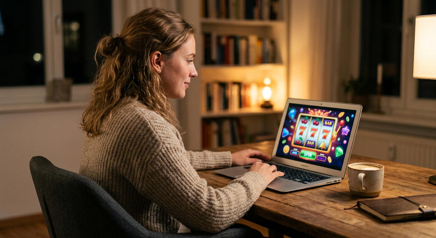 Person using a laptop to browse an online sweepstakes gaming platform with slot game visuals on screen