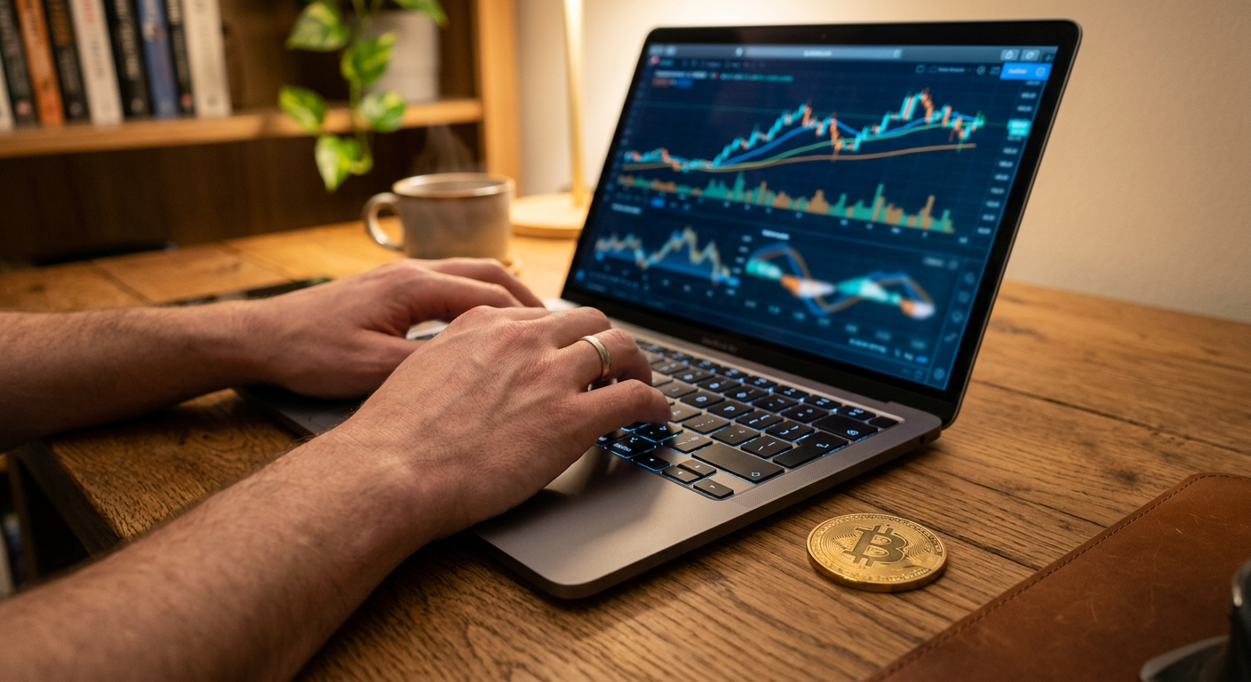 Hands typing on a keyboard with a Bitcoin coin placed beside a laptop, symbolizing cryptocurrency deposits for online gaming