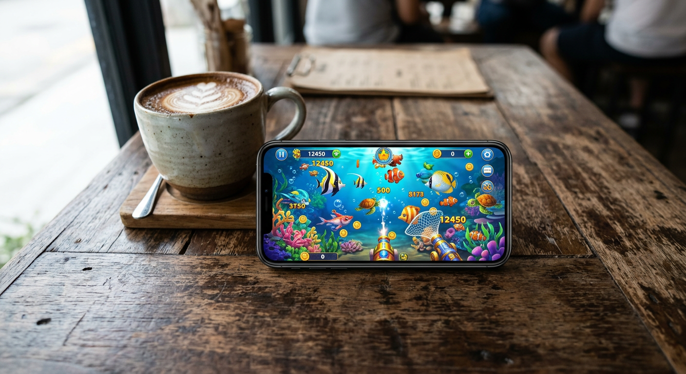 Smartphone displaying a fish table arcade-style game with colorful underwater graphics on a table in a casual setting
