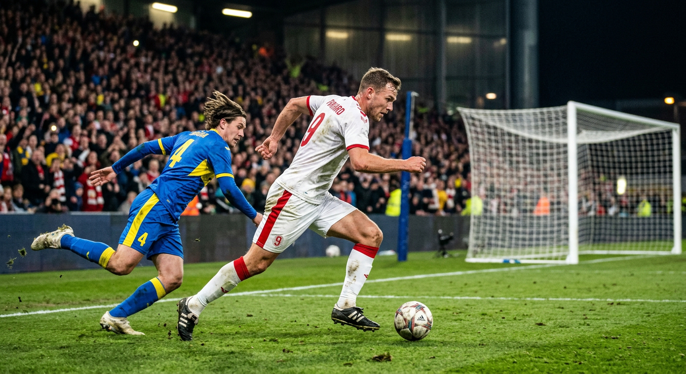 Forward sprinting past a defender toward the goal to take a shot