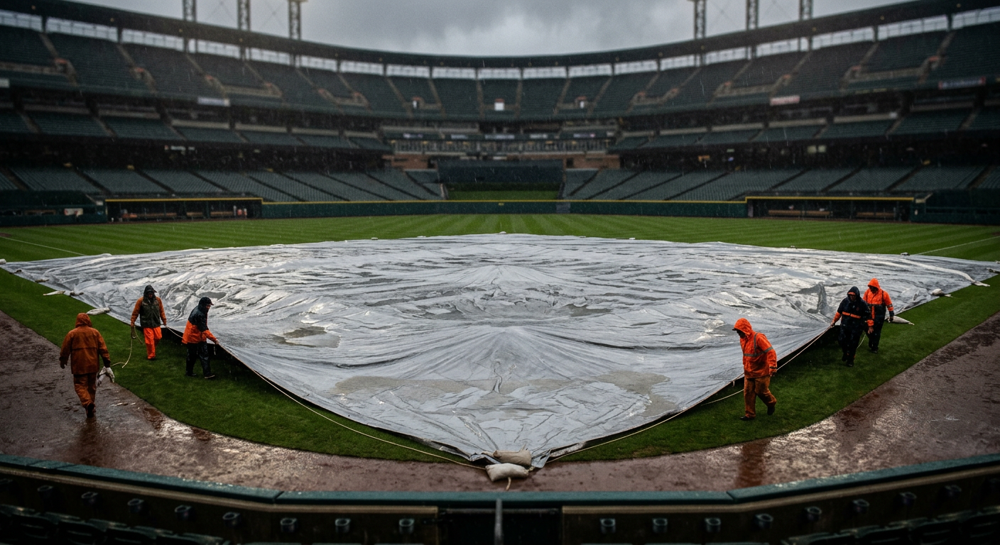 Rain delay tarp covering a baseball infield