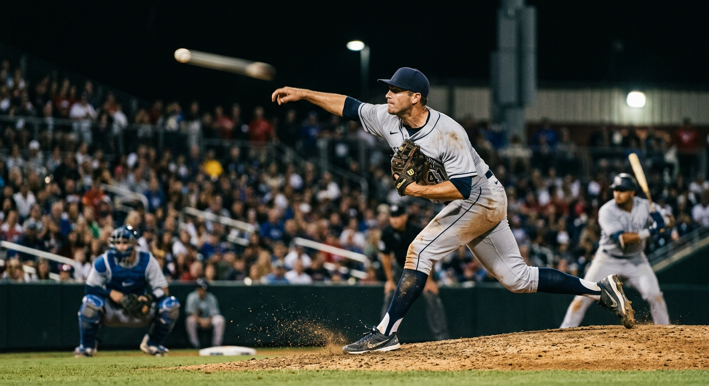Pitcher throwing a fastball under bright stadium lights