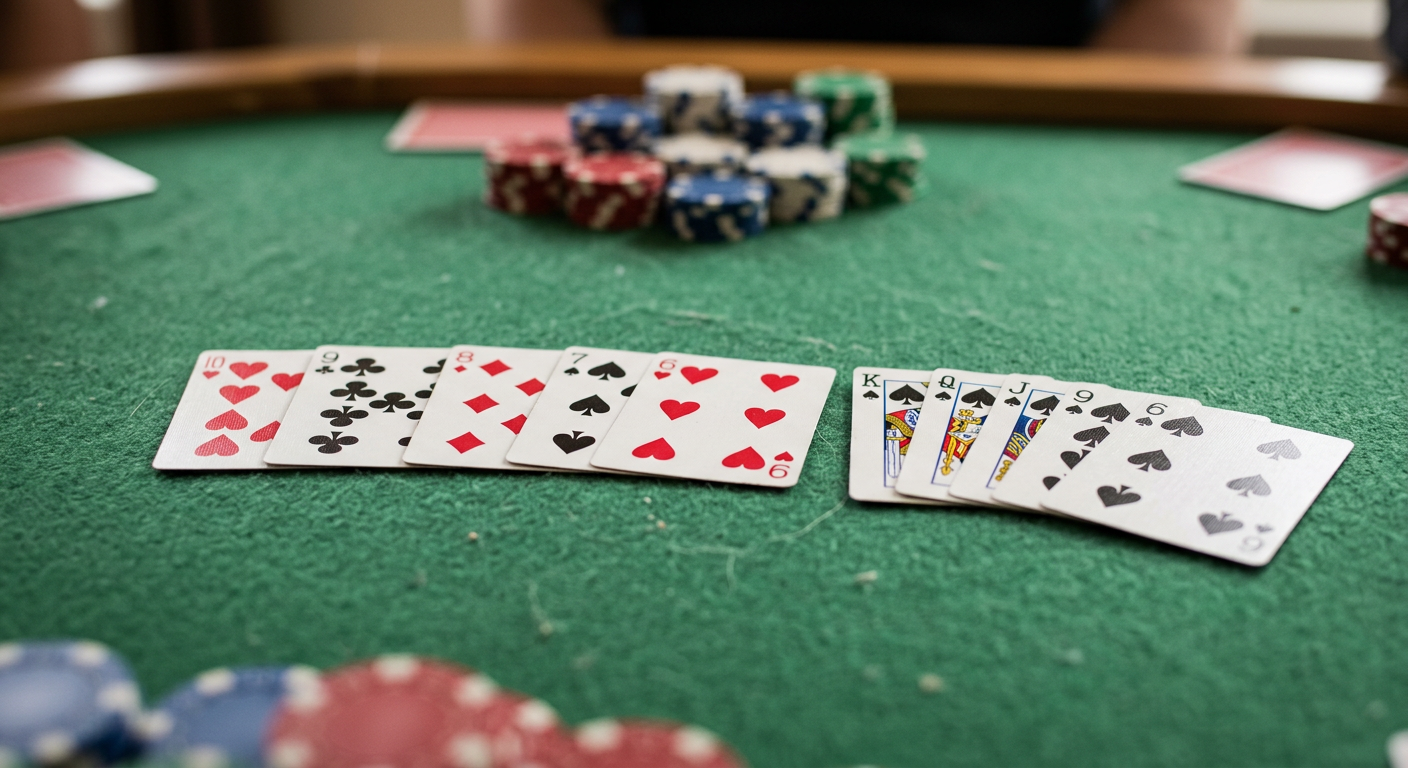 Close-up of playing cards showing different poker hand combinations on a felt table