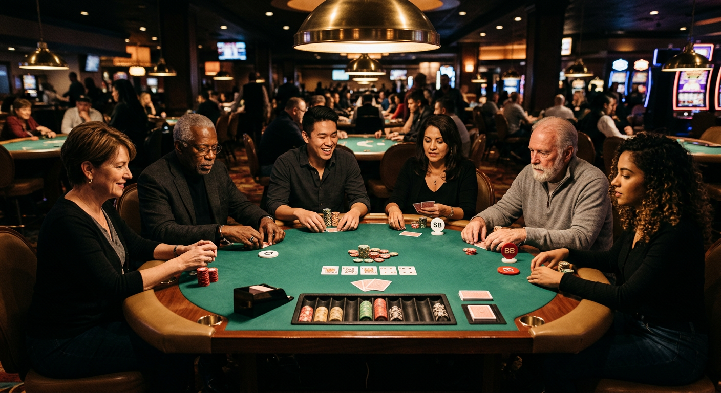 Six poker players seated around a table illustrating table position and seating order