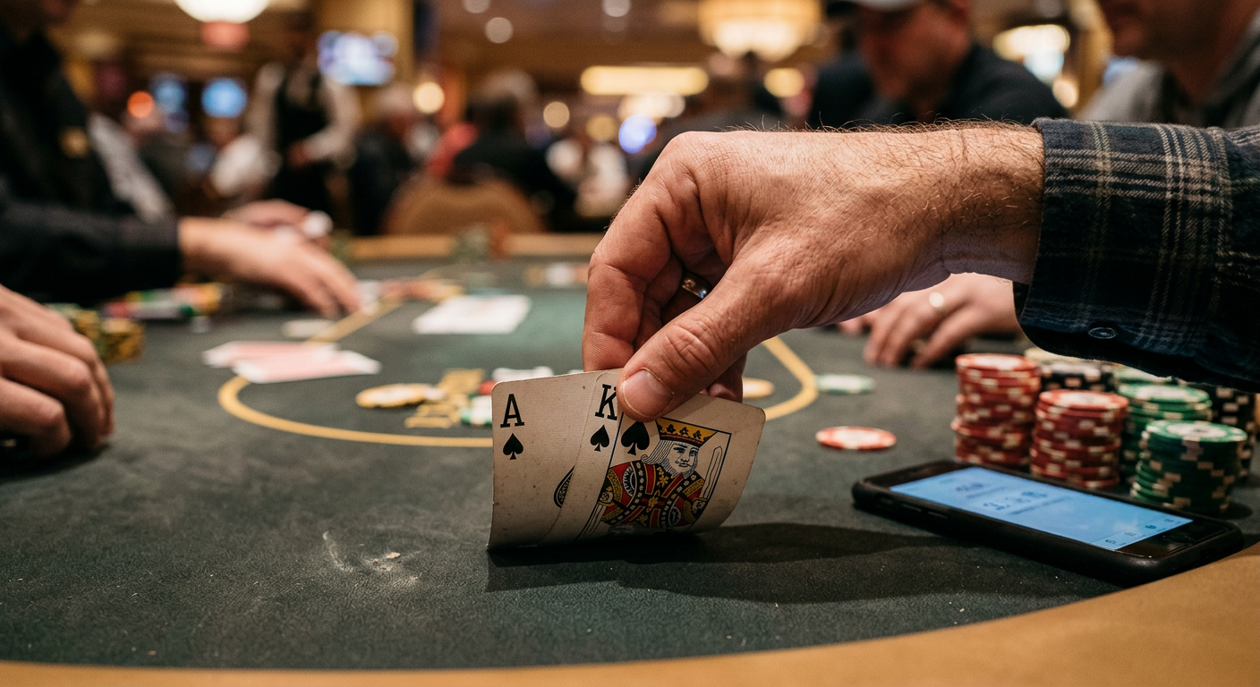 Hand holding two starting hole cards while calculating odds at a poker table