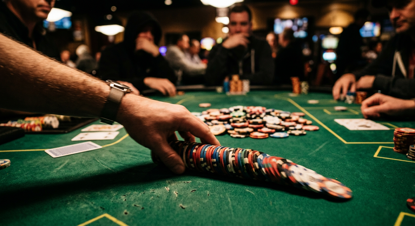Poker chips being pushed into the pot representing pot odds and betting decisions