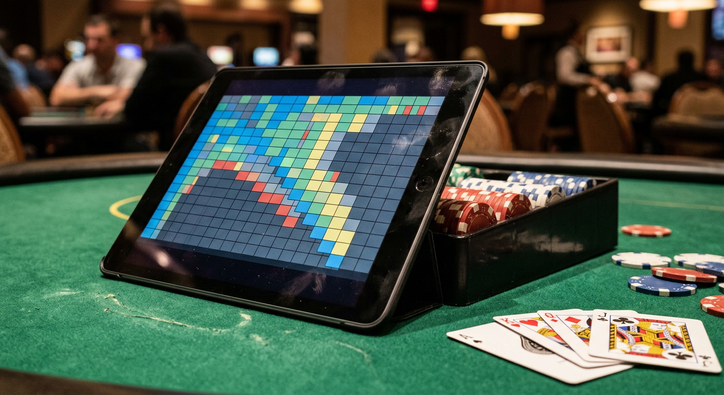 Digital tablet displaying a poker strategy chart at a home game table