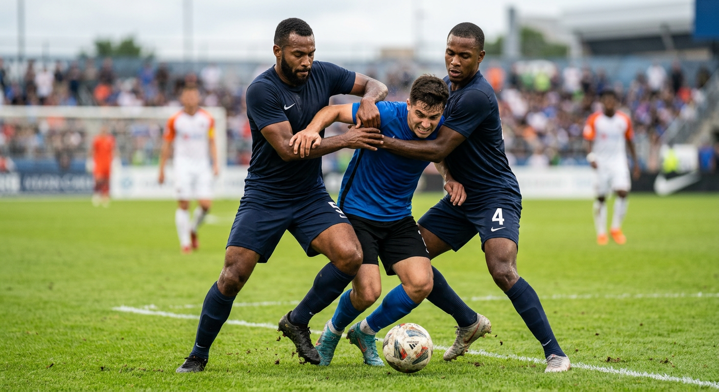 Two center backs marking an opposing forward during a match